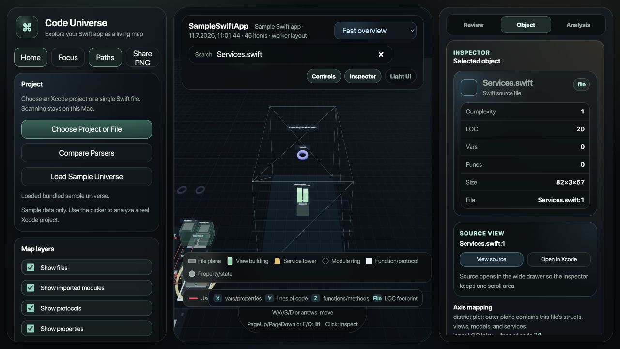 Dark Code Universe interface highlighting Services.swift with its object metrics and source actions