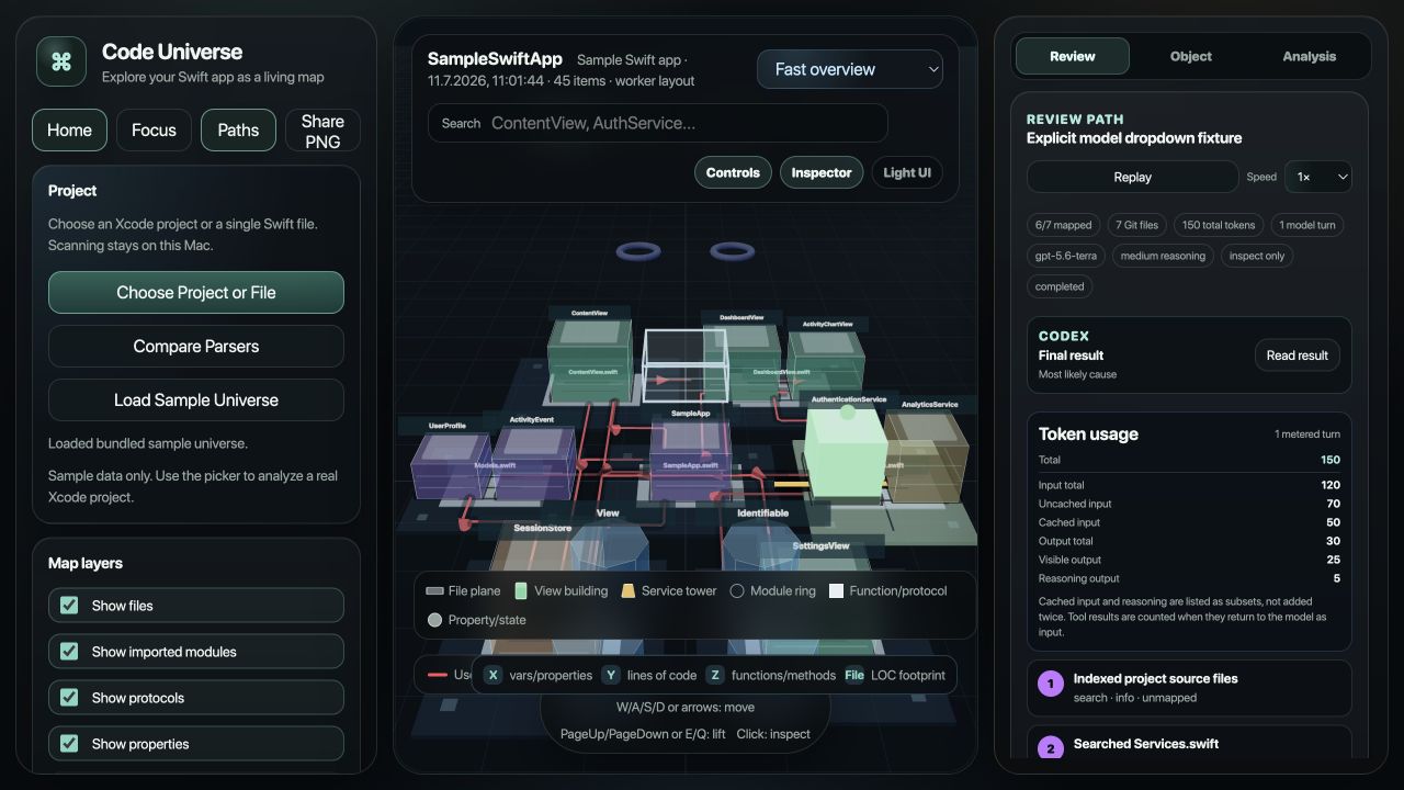 Dark Code Universe interface showing a Codex review trace, token usage, and mapped project objects