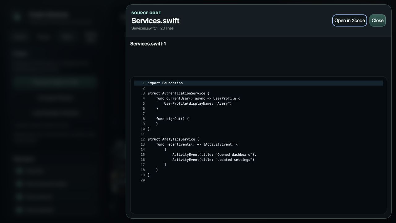 Dark Code Universe source drawer showing Services.swift with an Open in Xcode action