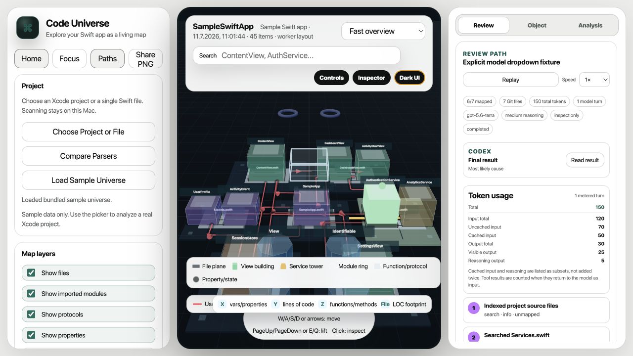 Code Universe displaying a Swift project city with the new black-on-white interface and tabbed review inspector